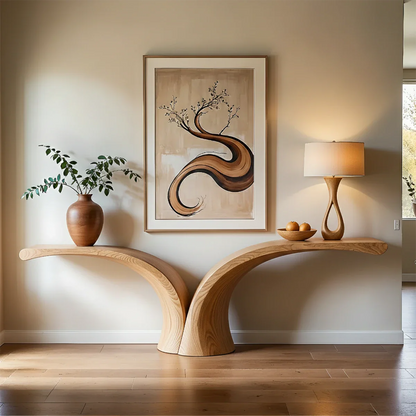 A sculptural console table in solid wood brings organic movement to this contemporary home
