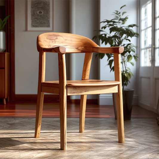 A minimalist wooden armchair with smooth curves brings warmth to contemporary living spaces