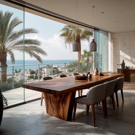 Modern solid wood dining table with natural grain, luxury coastal home interior and ocean view backdrop