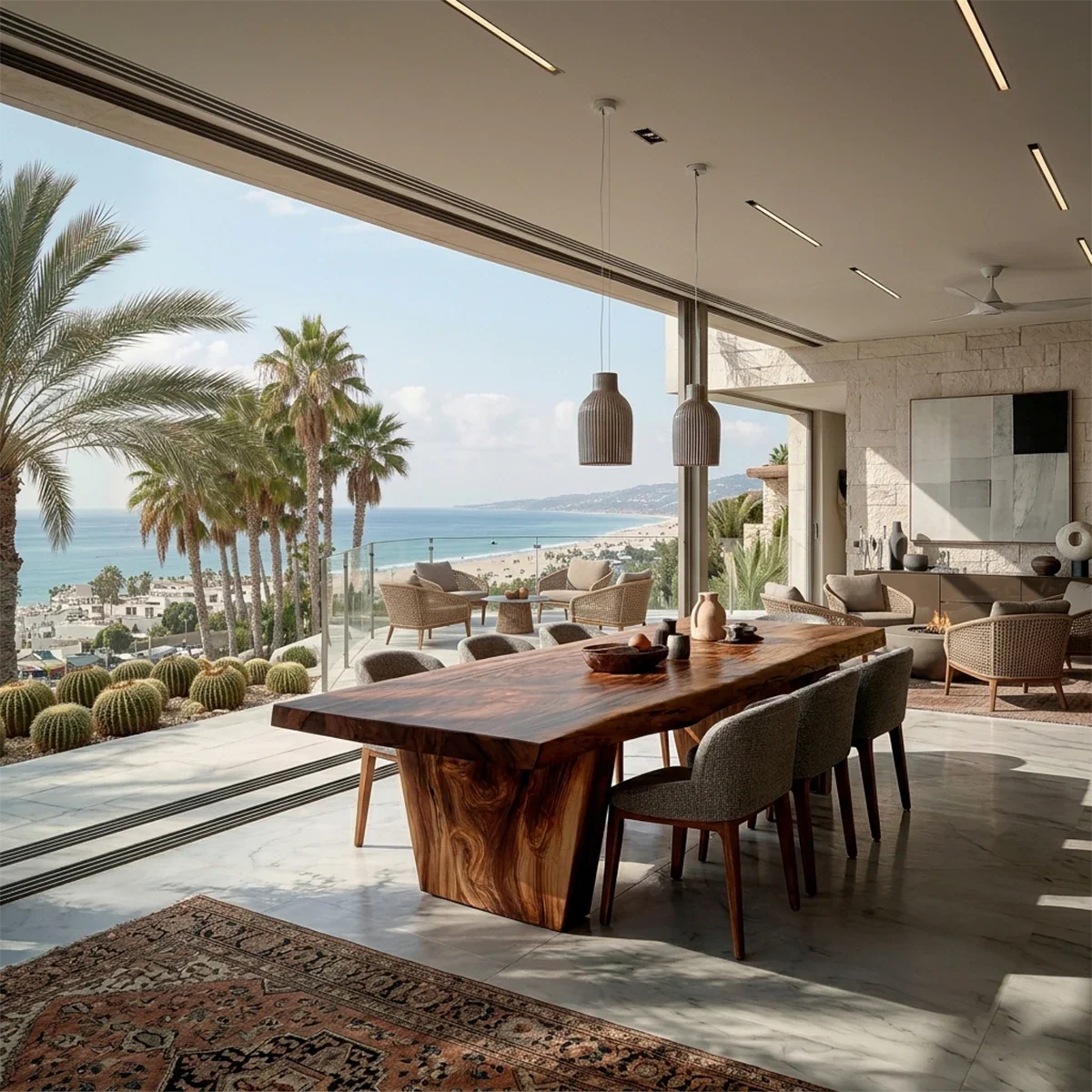 Luxury dining table crafted from premium solid wood, minimalist design in bright seaside modern space