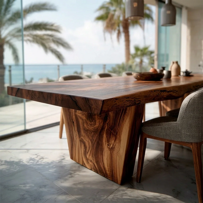 Contemporary wooden dining table with sculptural base, perfect for upscale dining room with ocean view