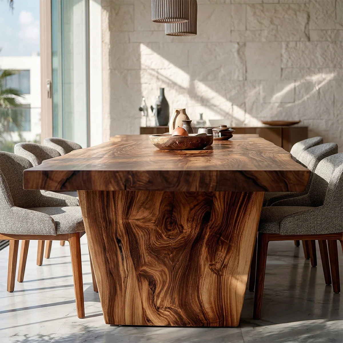 Elegant solid wood dining table in modern home, clean lines and natural finish for refined interiors