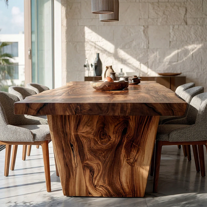 Elegant solid wood dining table in modern home, clean lines and natural finish for refined interiors