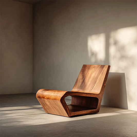 Modern solid wood lounge chair with sculptural low profile design in a minimalist interior
