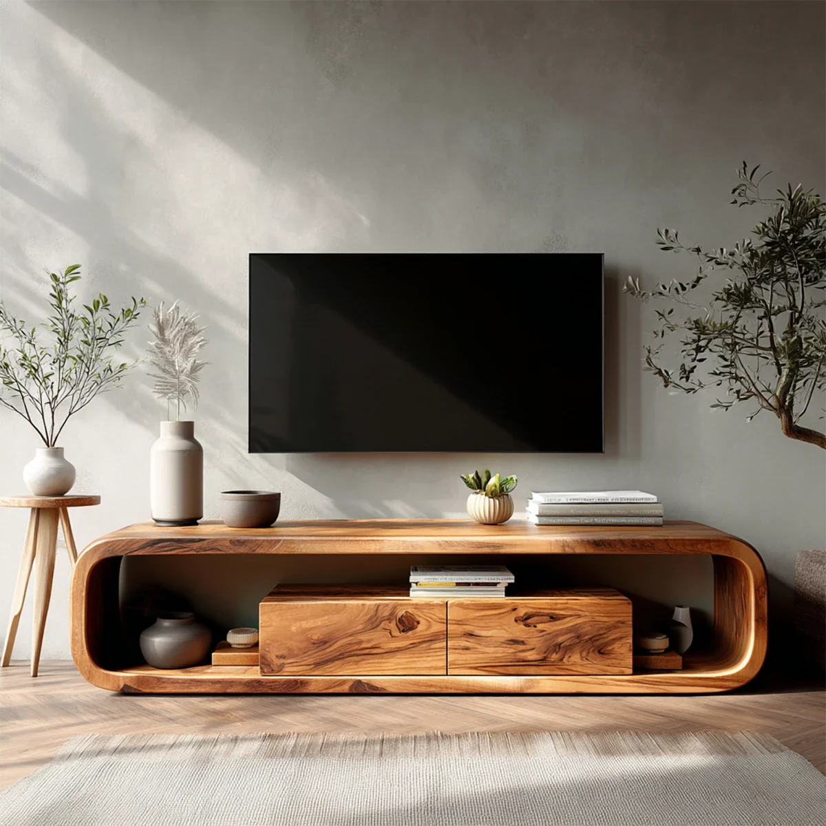 Modern solid wood TV stand with curved edges and storage creates a clean minimalist living room look
