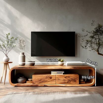 Natural wood media console with rounded frame and drawers complements a modern minimalist space