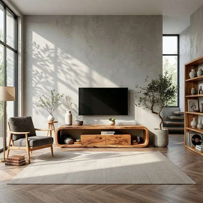 Low profile TV stand with curved silhouette and storage compartments fits modern home design