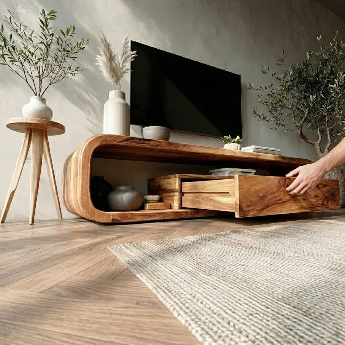 This modern media console features a smooth curved form with natural wood grain and hidden storage