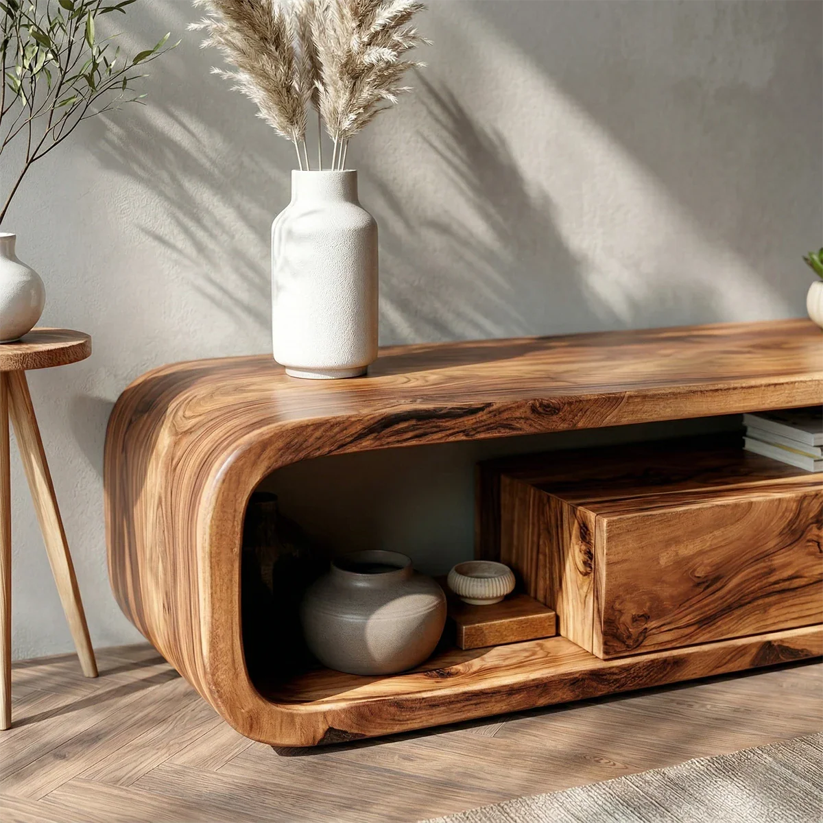 A minimalist TV stand with rounded edges and drawers brings softness to modern interiors