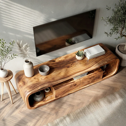 Designed with a seamless curve, this solid wood media console adds warmth and practical storage