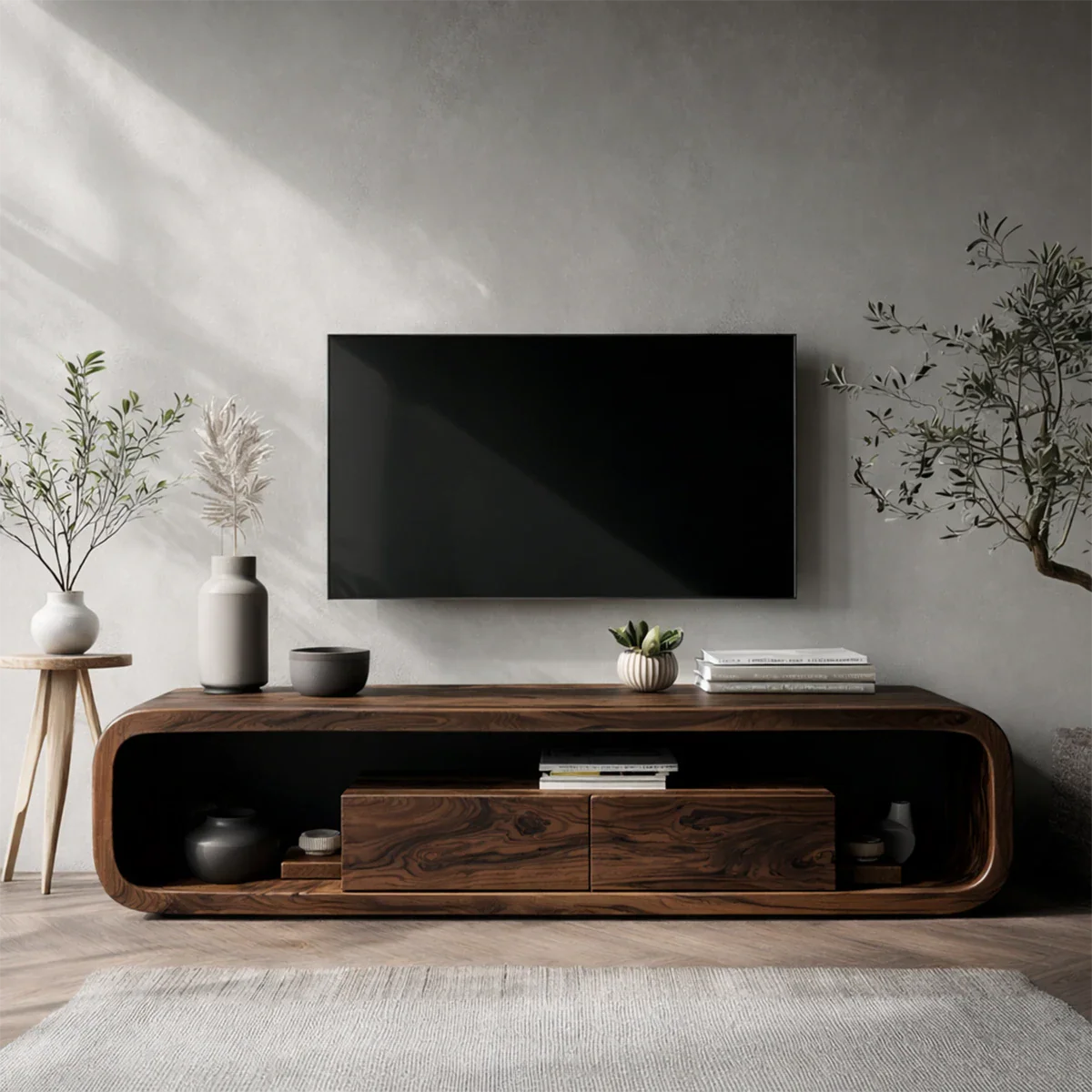 A curved media console in natural wood tone adds soft lines and storage to this modern interior
