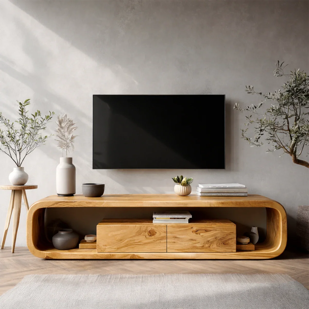Solid wood TV stand with rounded frame and drawers enhances a calm and contemporary living space