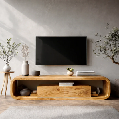Solid wood TV stand with rounded frame and drawers enhances a calm and contemporary living space