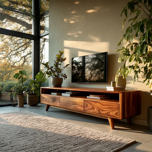 Mid century modern TV stand in solid wood with storage drawers and open shelf for living room