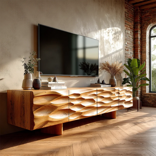 Textured TV stand with carved front panels and natural wood finish in modern living room