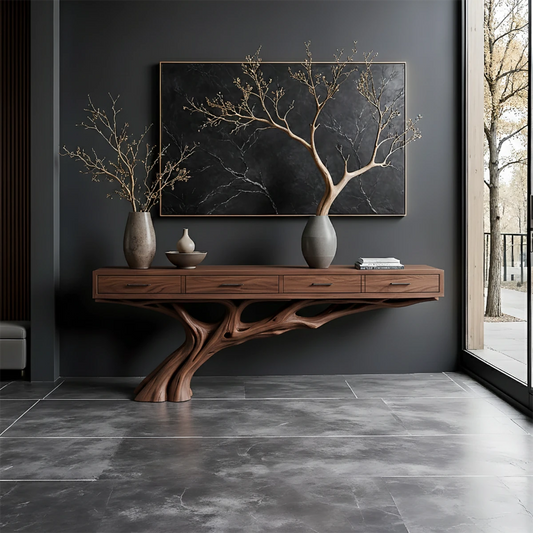Modern console table with sculptural tree-inspired base crafted from solid wood in a dark interior