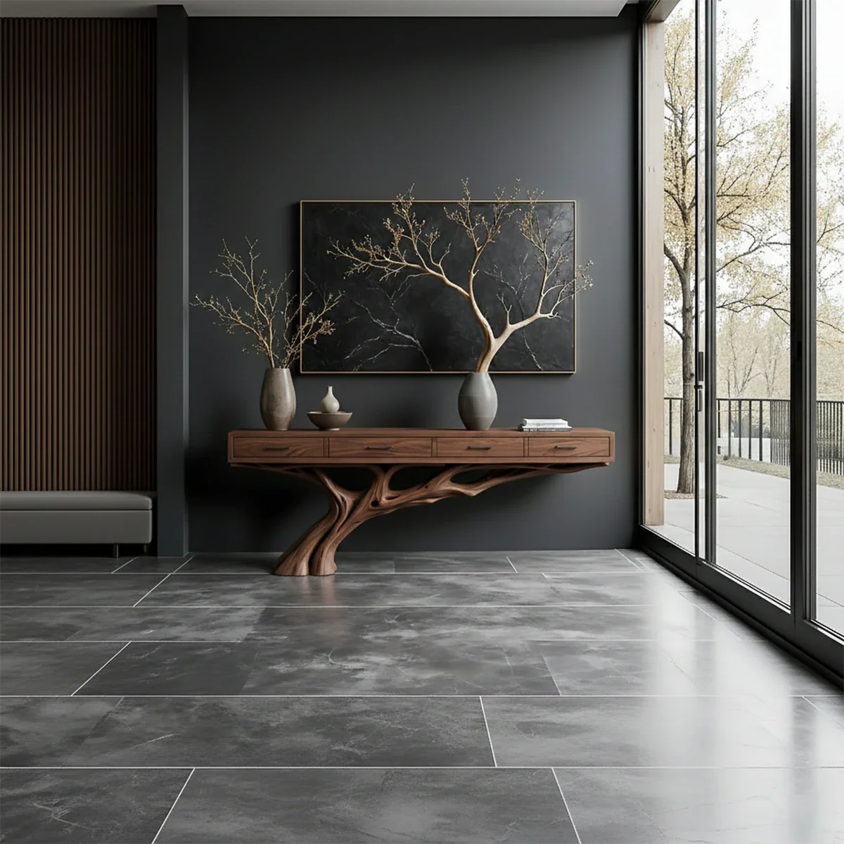 A statement console table featuring an organic tree base design adds depth to this contemporary space