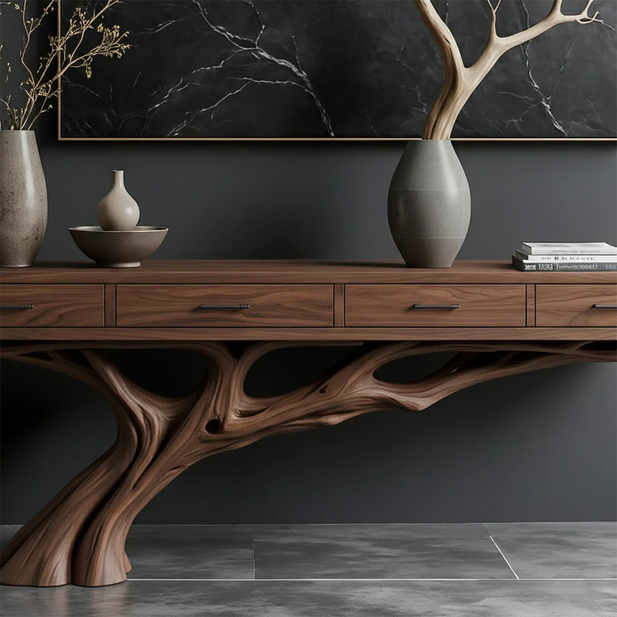 Solid wood console table with branching base structure creates a bold focal point in modern décor