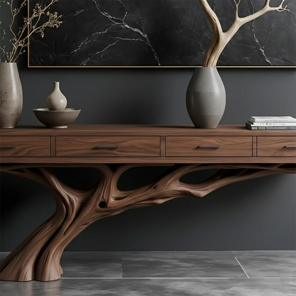 Solid wood console table with branching base structure creates a bold focal point in modern décor
