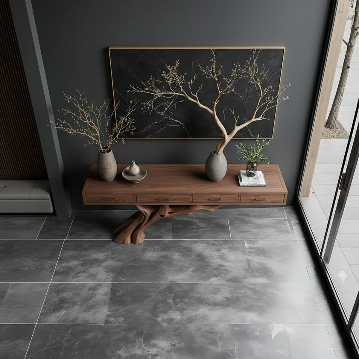 Tree base console table in natural wood enhances this minimalist setting with organic character