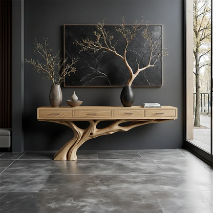 Minimalist entryway styled with a solid wood console table featuring a unique branch-like base