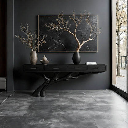 This sculptural console table showcases a natural wood base with intricate organic structure