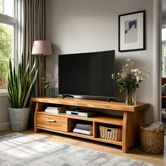 Modern TV stand with open shelving and drawer storage for cozy contemporary interiors