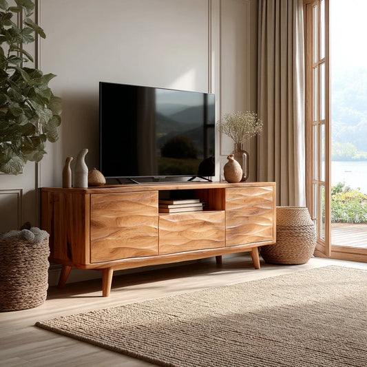 Contemporary media console with natural wood texture and clean lines for modern interiors