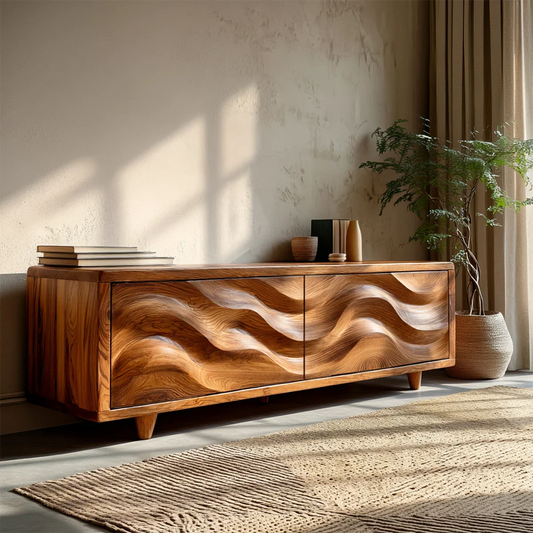 Modern TV stand with flowing wave design and natural wood finish for stylish living room