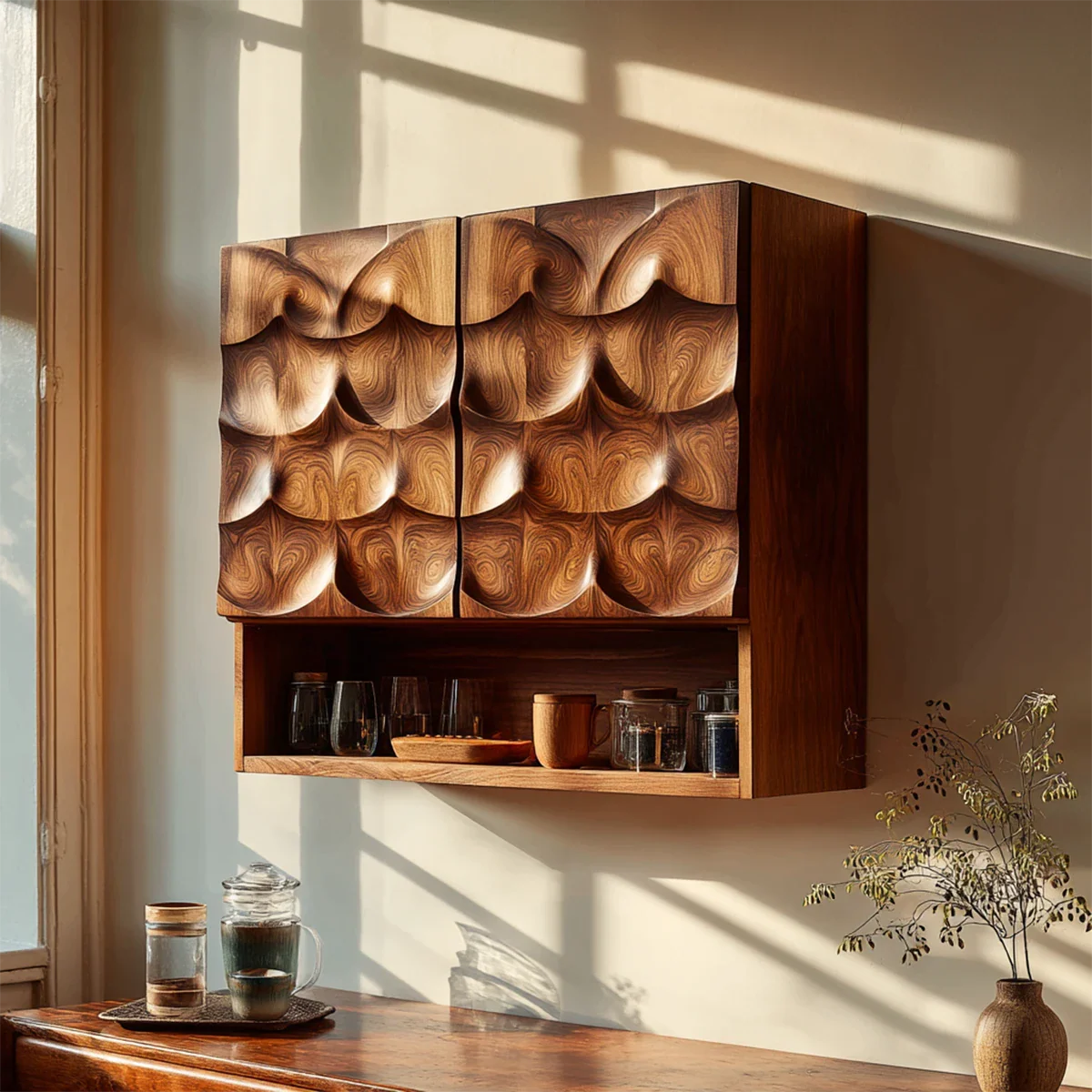 Modern wall kitchen cabinet with carved wood doors and open shelf storage in warm sunlit interior