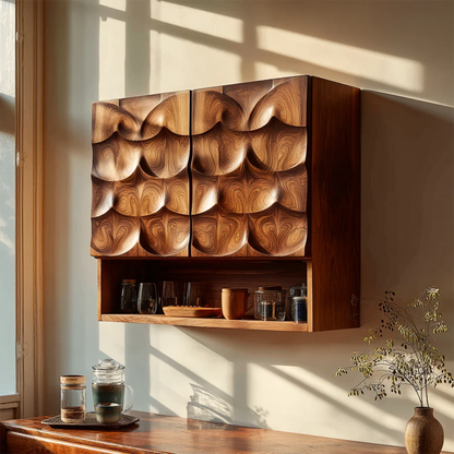 Modern wall kitchen cabinet with carved wood doors and open shelf storage in warm sunlit interior