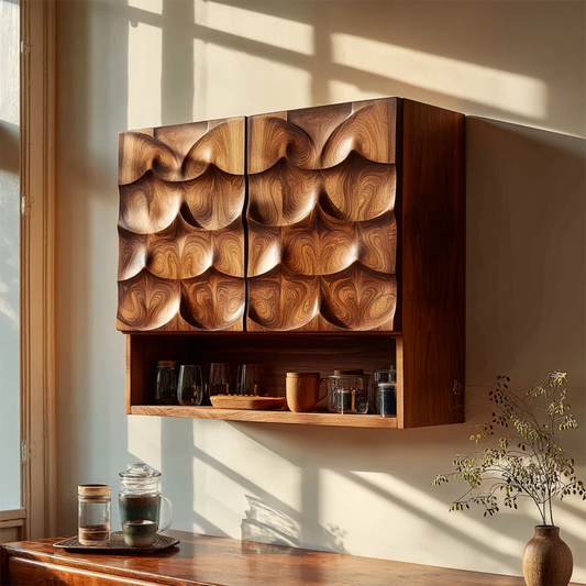 Modern wall kitchen cabinet with carved wood doors and open shelf storage in warm sunlit interior
