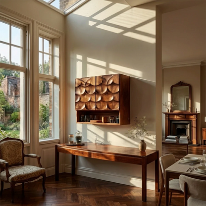 Contemporary kitchen cabinet featuring sculpted wood panels and open display shelf for storage