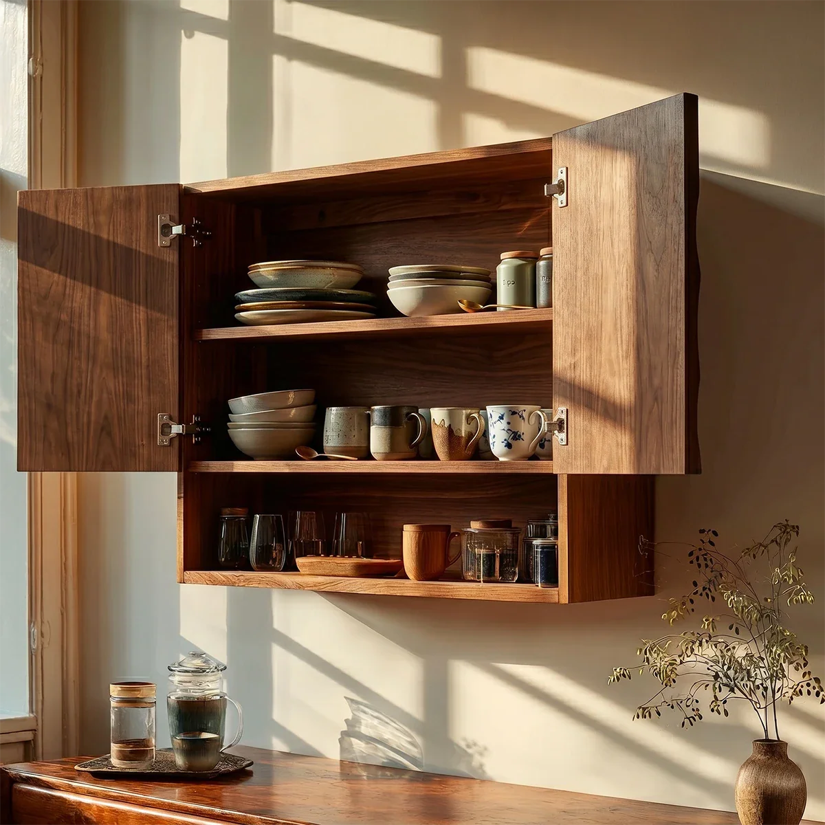 Minimalist wall mounted cabinet with textured wood doors and functional open shelf in kitchen space
