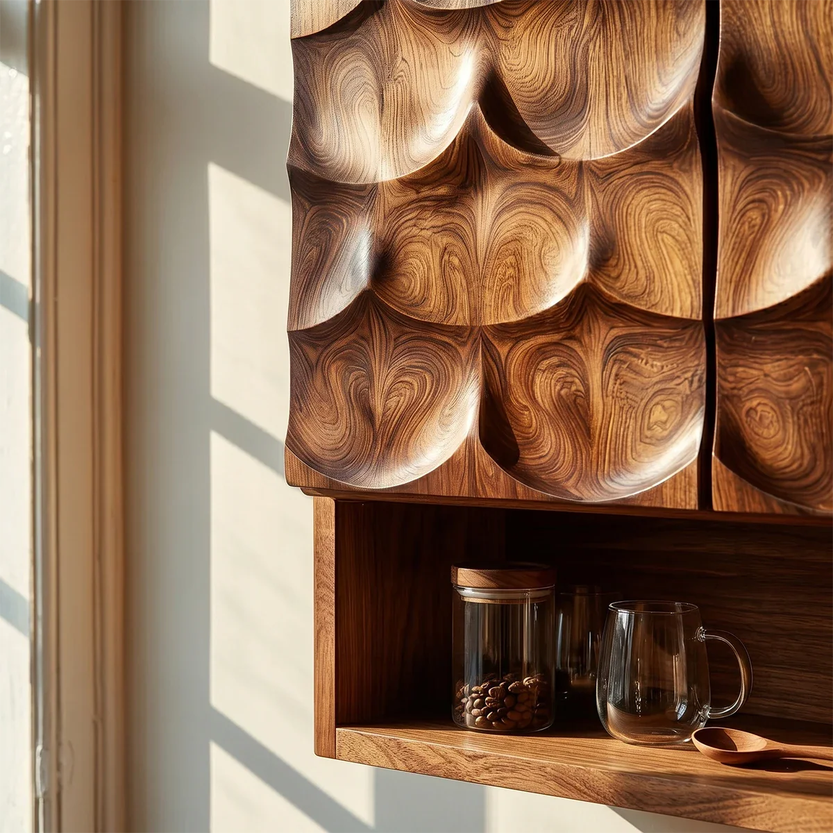 Elegant kitchen storage cabinet with artistic carved wood fronts and open shelving below