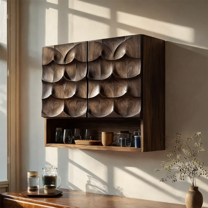 Stylish wall cabinet with decorative wood doors and practical open shelf for everyday kitchen use