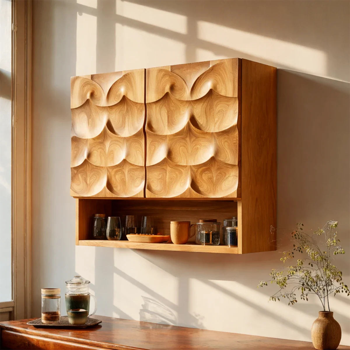 Refined kitchen cabinet with sculpted wood surface and built in shelf in modern interior setting