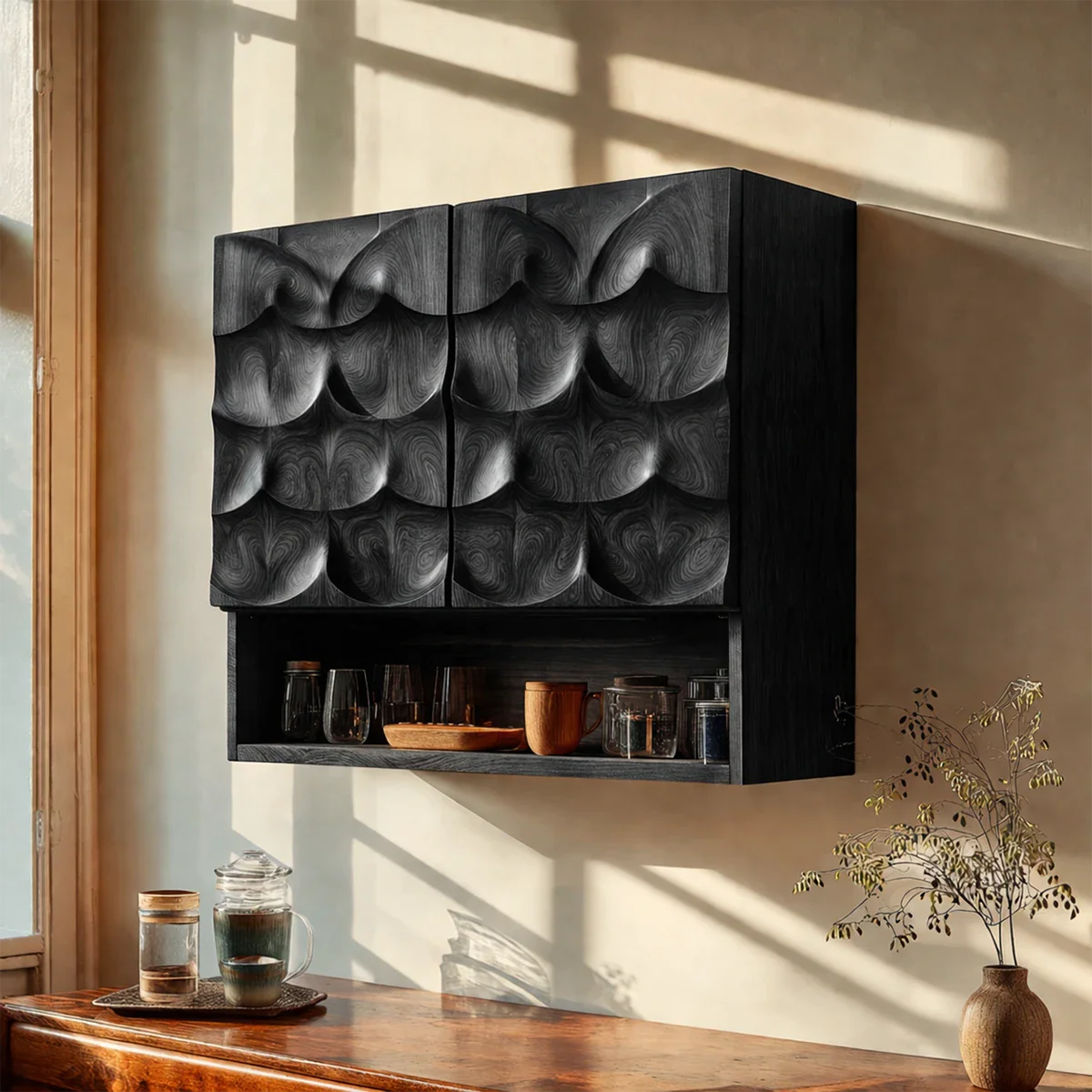 Designer wall mounted cabinet with detailed wood carving and open storage for kitchen essentials