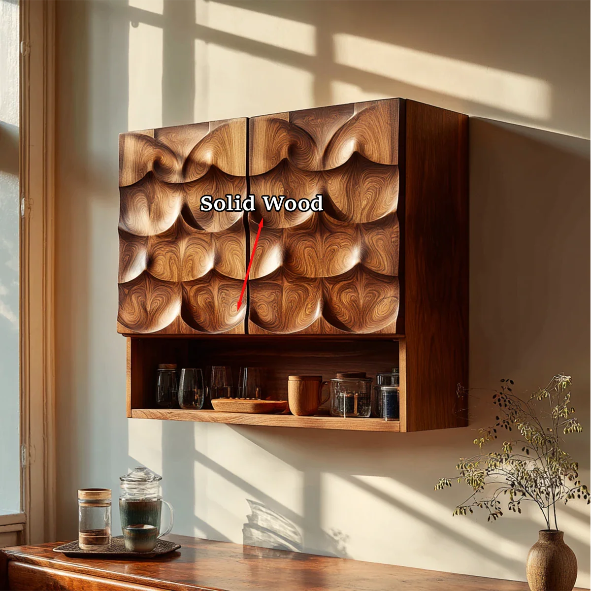 Functional kitchen wall cabinet with textured wood doors and display shelf in bright home space