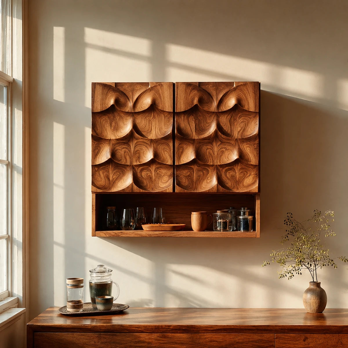 Kitchen Wall Storage Cabinet with Hand Carved Doors and Open Shelf Unit