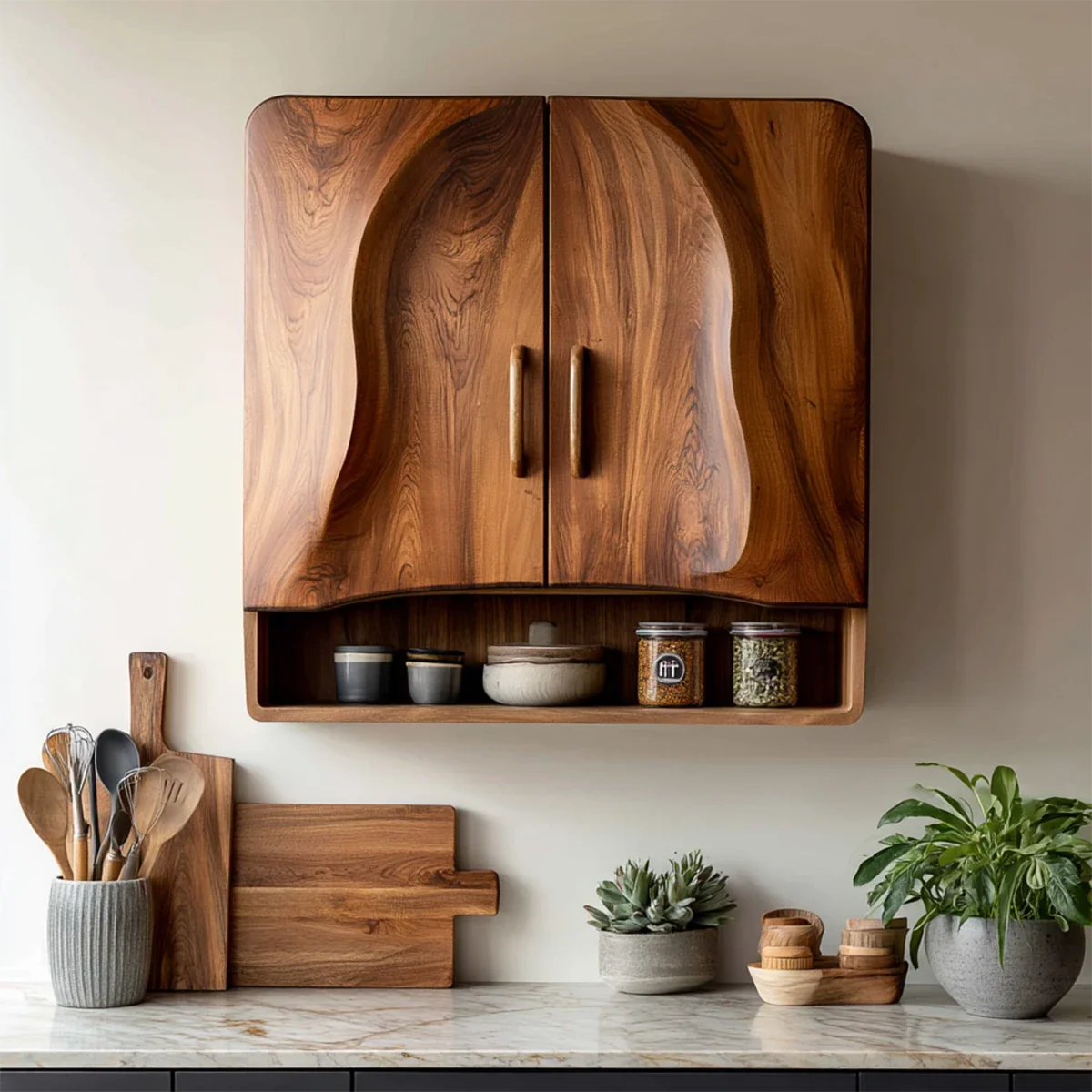 Modern wall mounted kitchen cabinet with natural wood finish and open shelf for compact storage use
