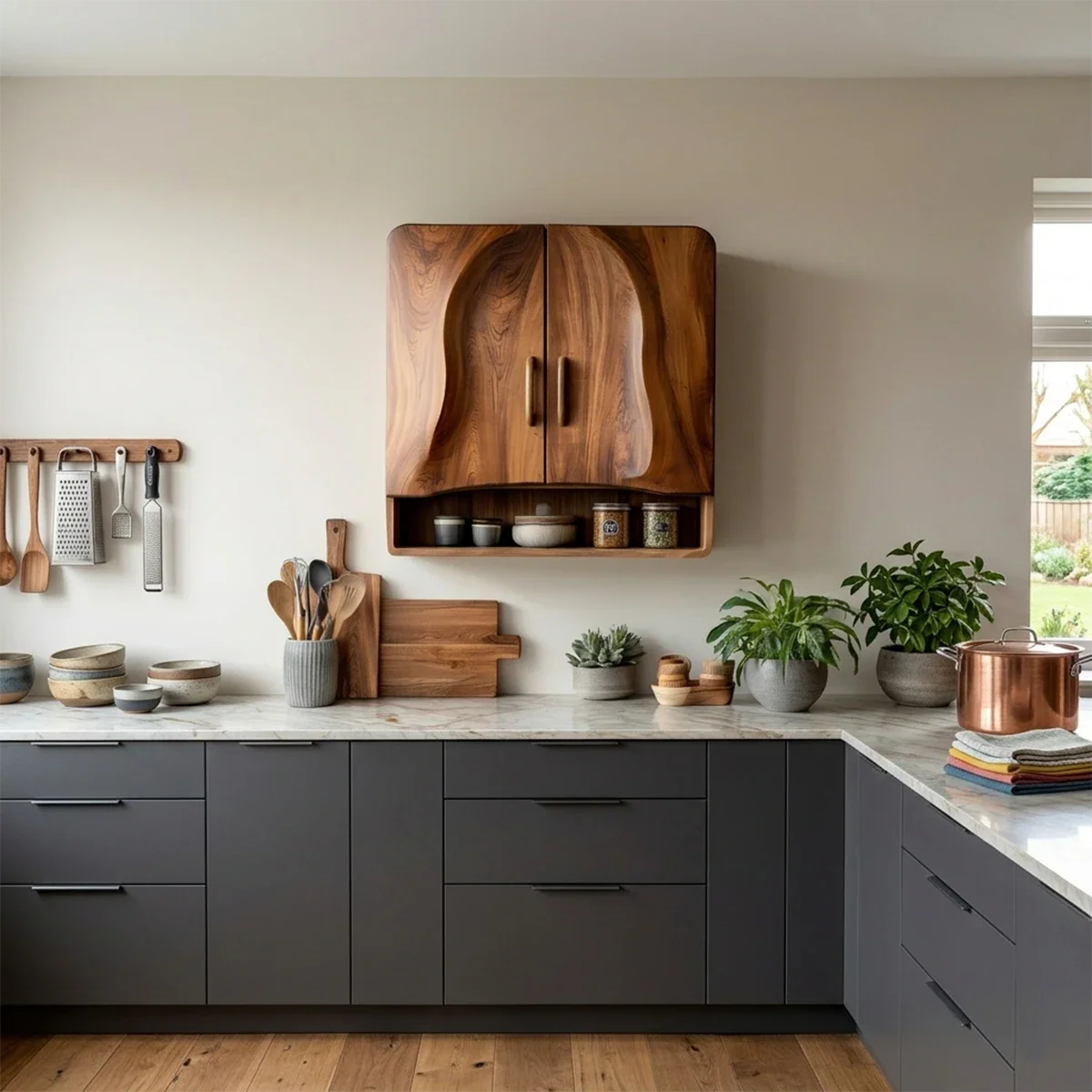 Contemporary kitchen cabinet featuring curved wood doors and integrated open shelf in clean space
