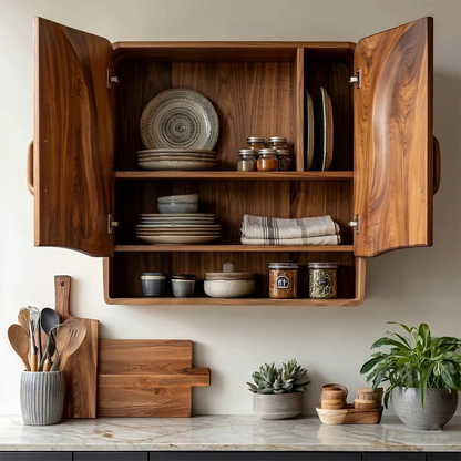 Minimalist wall cabinet with smooth natural wood texture and functional storage for modern kitchens
