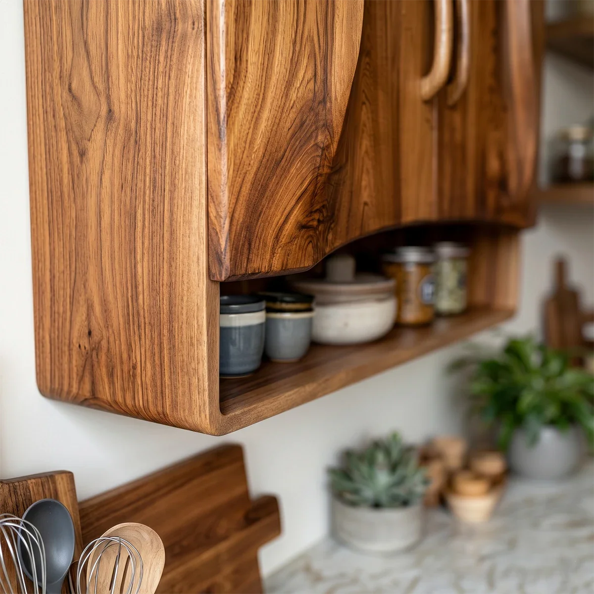 Elegant kitchen storage cabinet with sculpted wood doors and open shelf in bright cooking area