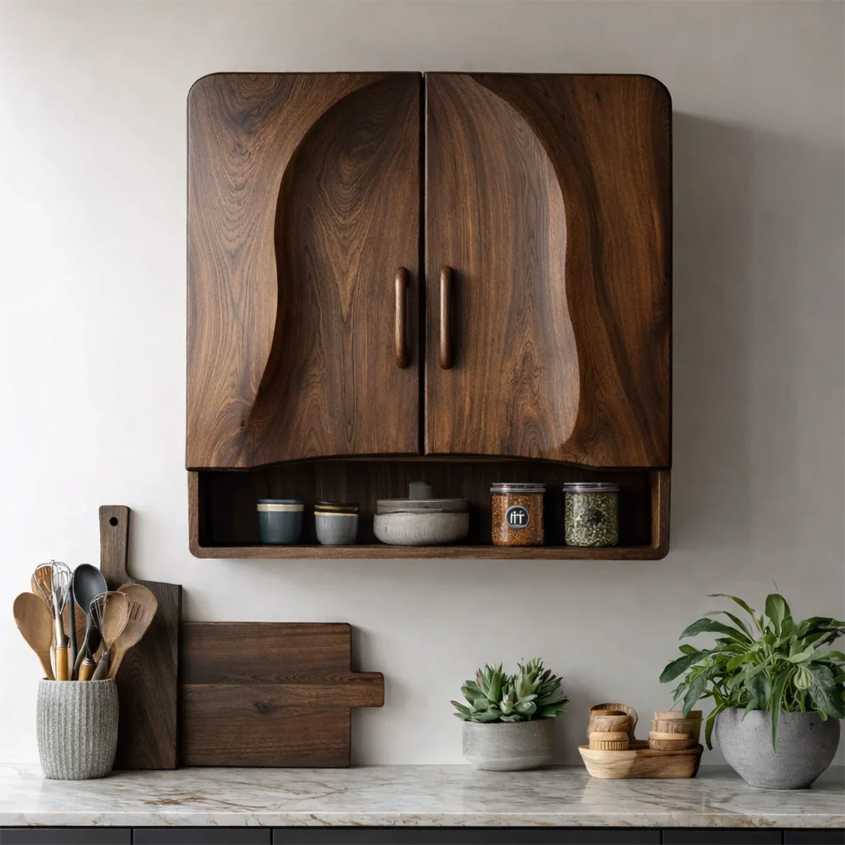 Stylish wall mounted cabinet with natural wood design and practical shelving for kitchen essentials