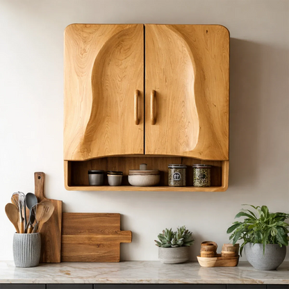 Modern kitchen wall cabinet with organic wood pattern and compact storage solution for small spaces