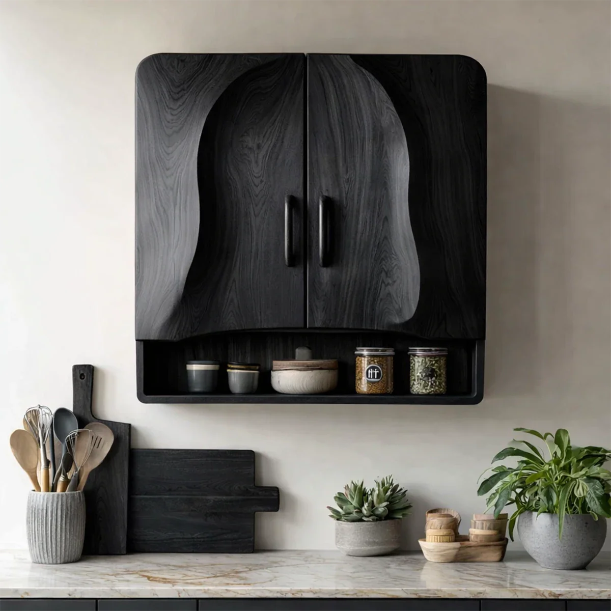 Refined storage cabinet with natural wood finish and open display shelf in minimalist kitchen interior