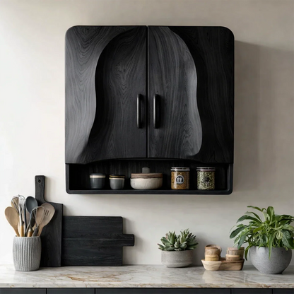 Refined storage cabinet with natural wood finish and open display shelf in minimalist kitchen interior