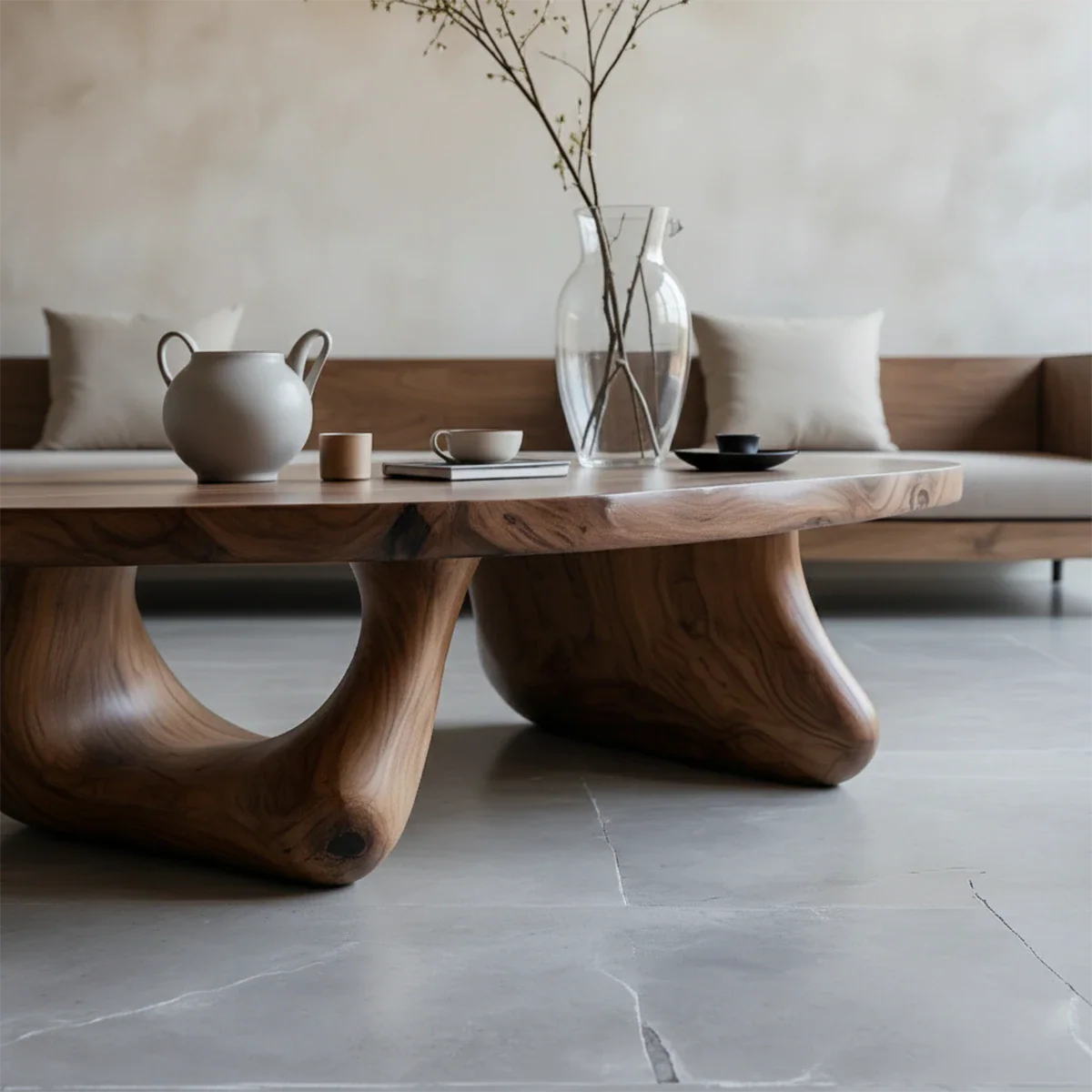 Modern walnut coffee table with curved base design and seamless wood grain in a bright living room