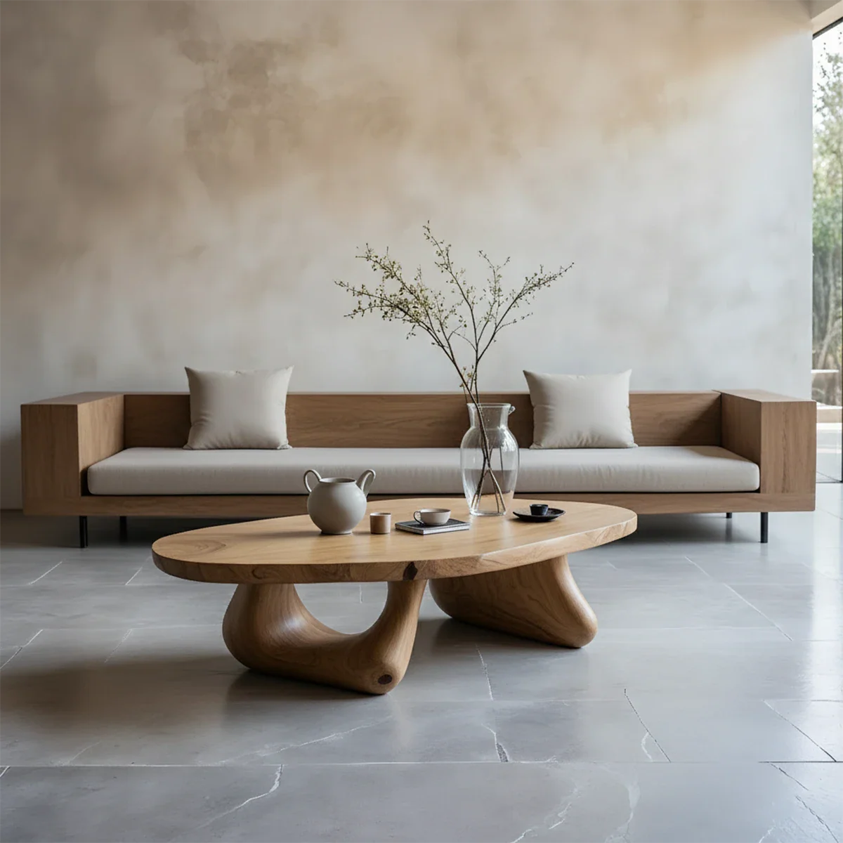 Oak coffee table with thick top and curved base design in a soft toned minimalist living room